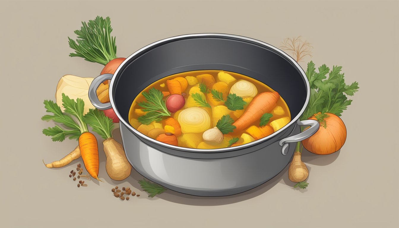 A pot simmering with colorful root vegetables and aromatic turmeric, emitting a warm and inviting aroma