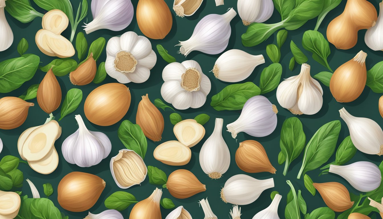 A vibrant pile of fresh garlic bulbs surrounded by testosterone-boosting foods like eggs, nuts, and spinach