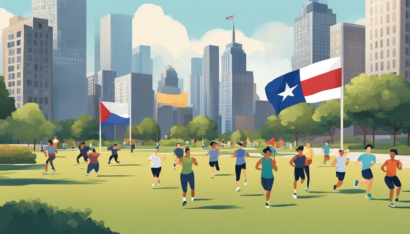 A group of people exercising in a park with a Texas flag flying in the background, surrounded by tall buildings