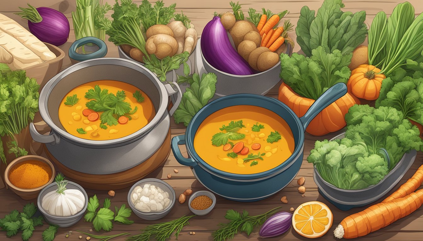 A steaming pot of root veggie turmeric soup surrounded by fresh vegetables, herbs, and spices, ready to be added in for a burst of flavor and nutrition