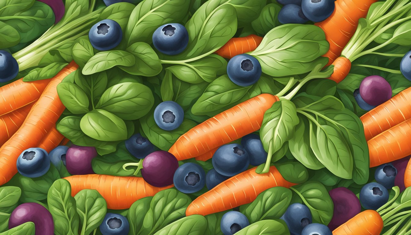 A vibrant array of spinach, carrots, and blueberries arranged on a table, with a beam of sunlight casting a warm glow on the colorful produce