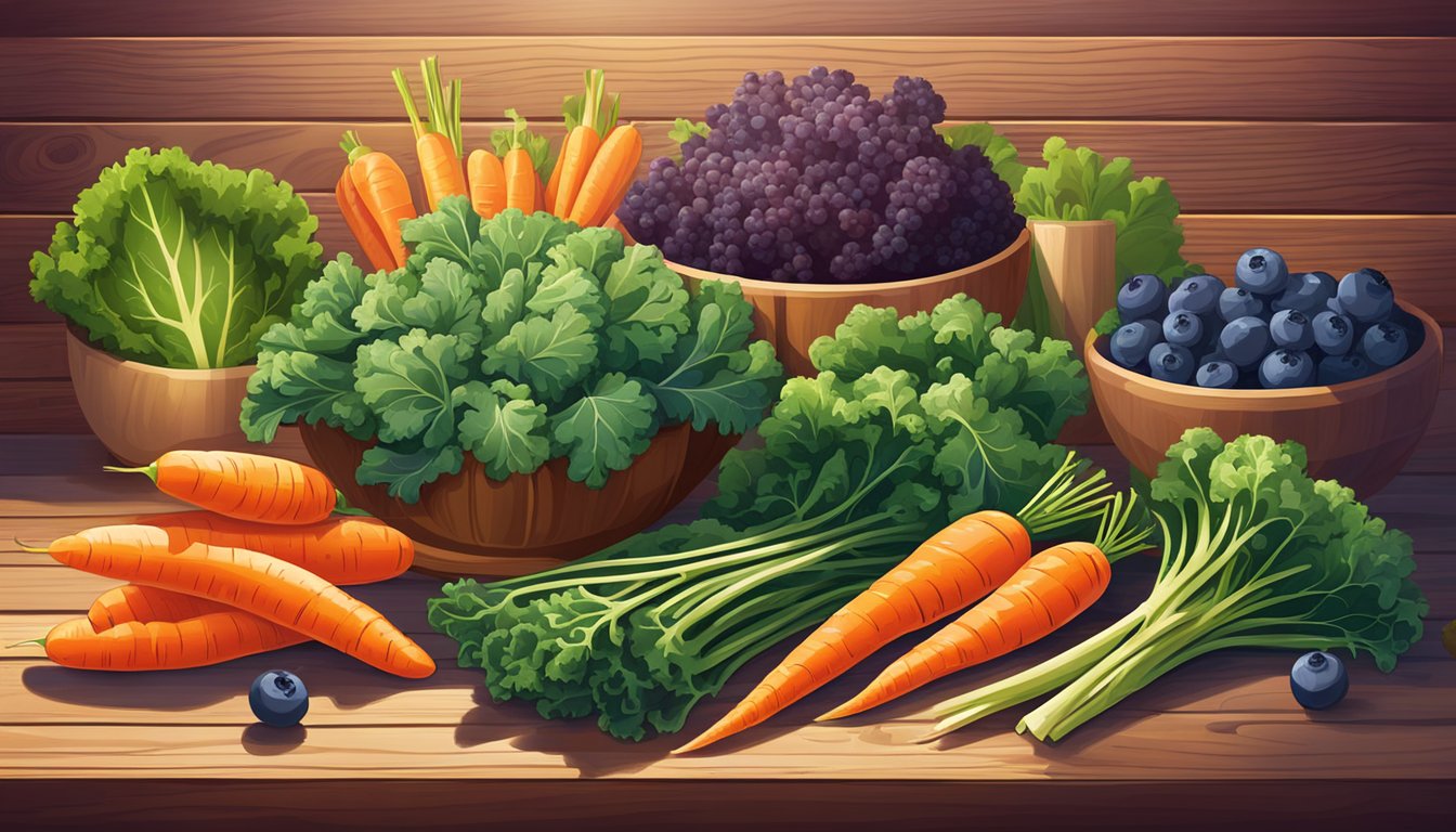 A colorful array of kale, carrots, and blueberries arranged on a wooden table, with a bright spotlight shining on them to highlight their vibrant hues