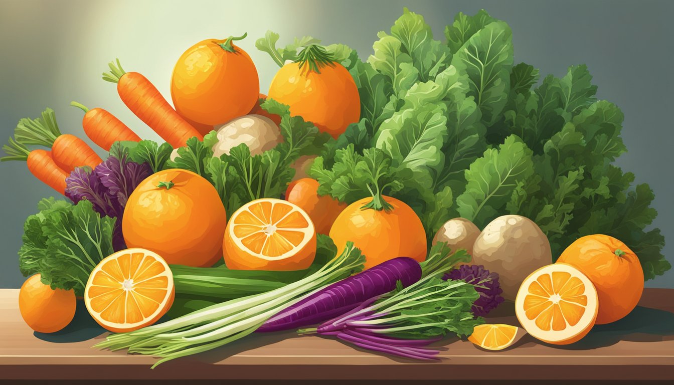 A colorful array of oranges, carrots, and leafy greens arranged on a table, with a bright spotlight shining on them