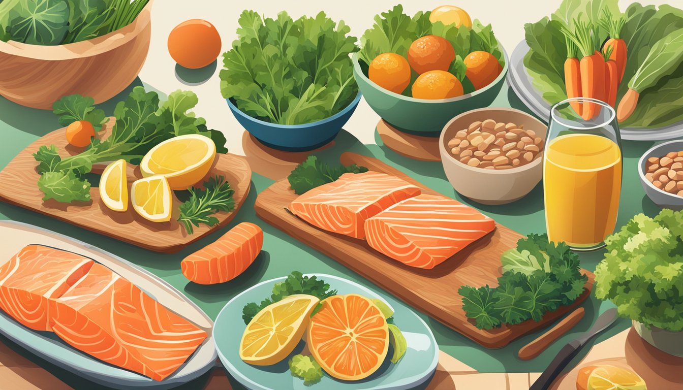 A variety of foods known to boost vision, such as salmon, carrots, and leafy greens, arranged on a table with vibrant colors and natural lighting