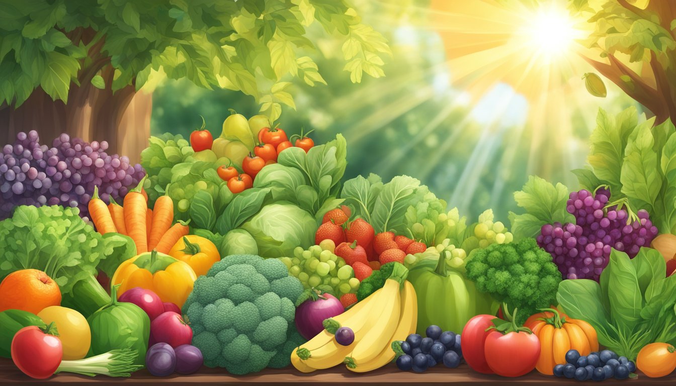 A lush garden bursting with vibrant fruits, vegetables, and herbs, with a radiant sun shining down, highlighting the natural beauty and health benefits of a plant-based diet