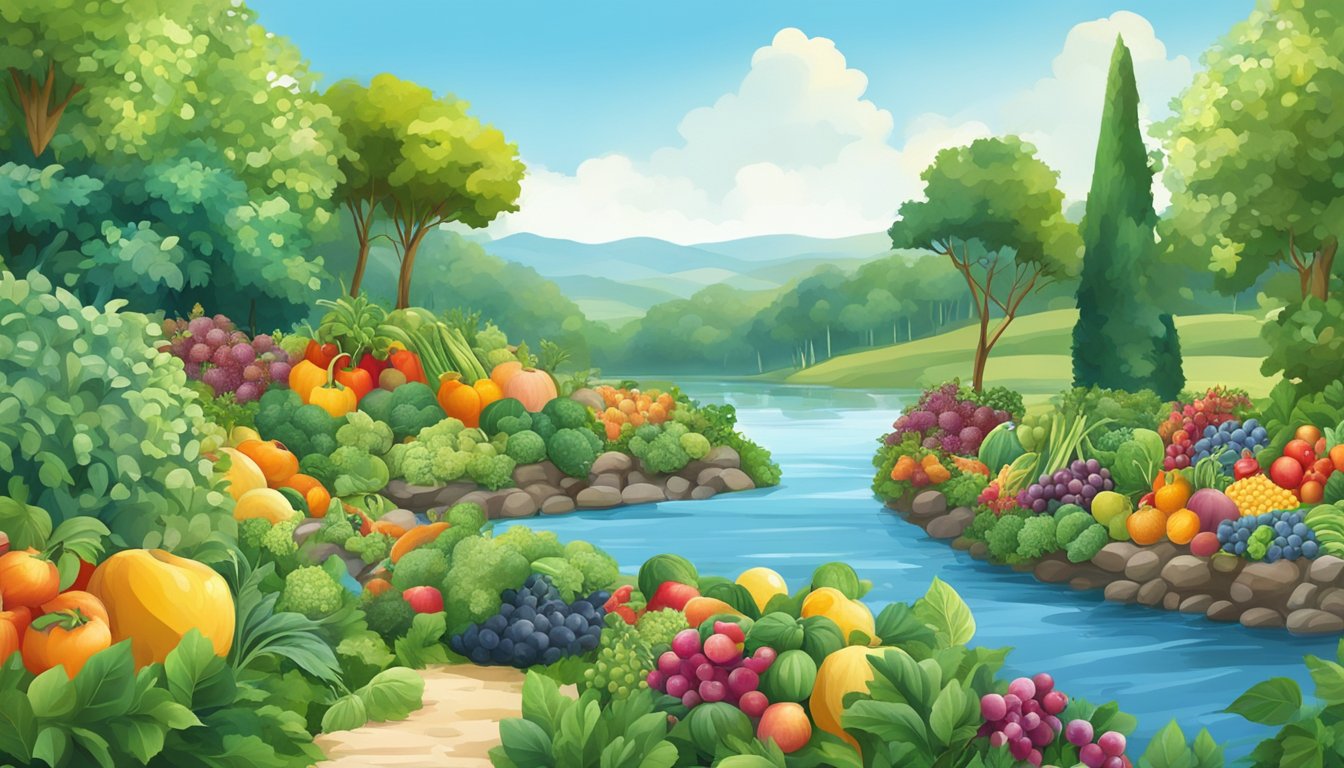 A lush garden with vibrant fruits and vegetables, surrounded by a flowing river and a clear blue sky