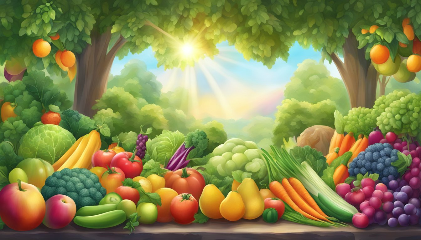 A lush garden with vibrant fruits and vegetables, surrounded by a glowing aura of health and vitality