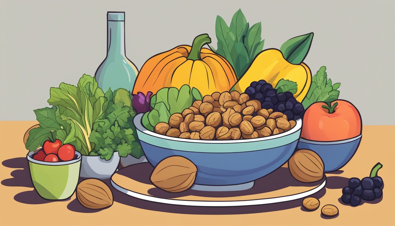 A bowl of walnuts surrounded by vibrant fruits and vegetables, with a pair of glasses placed next to it