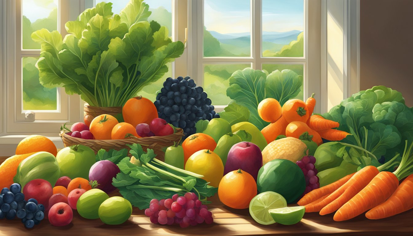 A vibrant array of colorful fruits and vegetables, such as carrots, spinach, berries, and citrus, arranged on a table. Sunlight streaming in through a window illuminates the scene