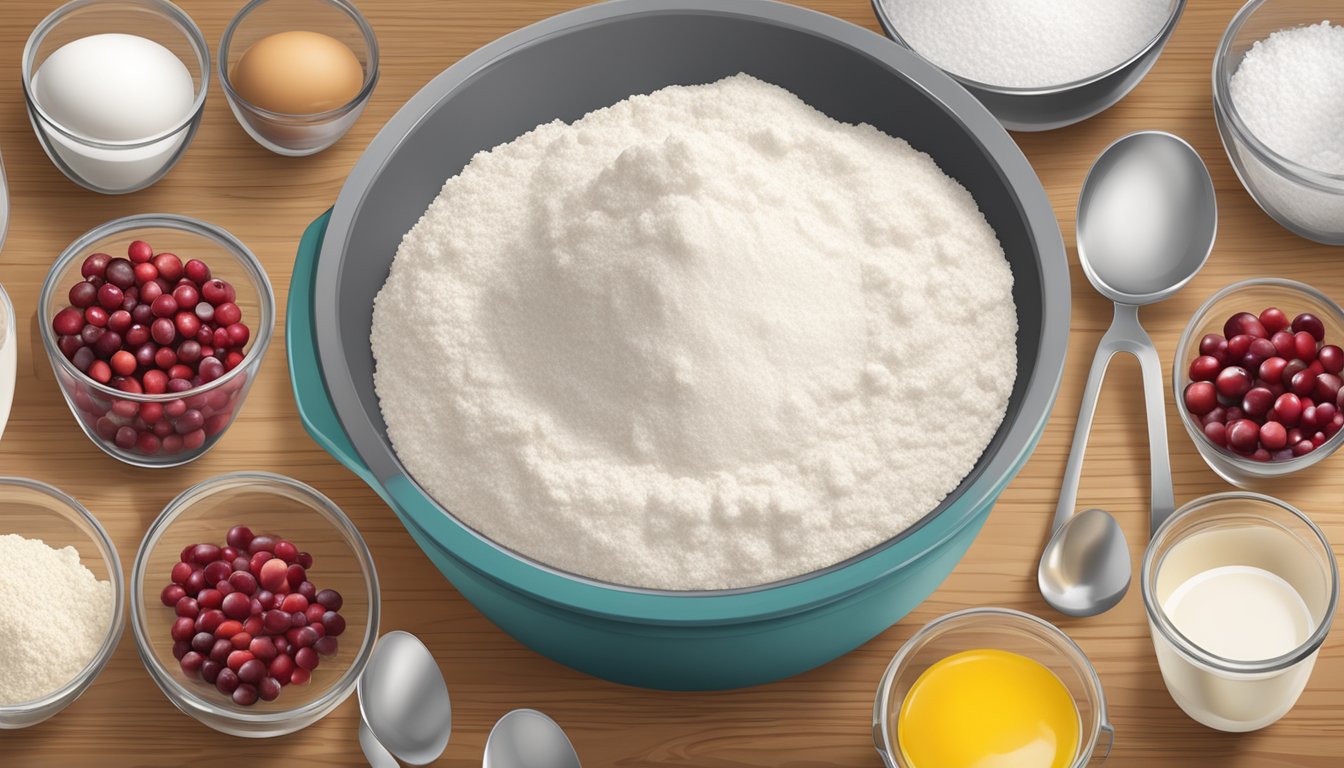 A mixing bowl filled with flour, sugar, eggs, milk, and cranberries, surrounded by measuring cups and spoons on a wooden countertop