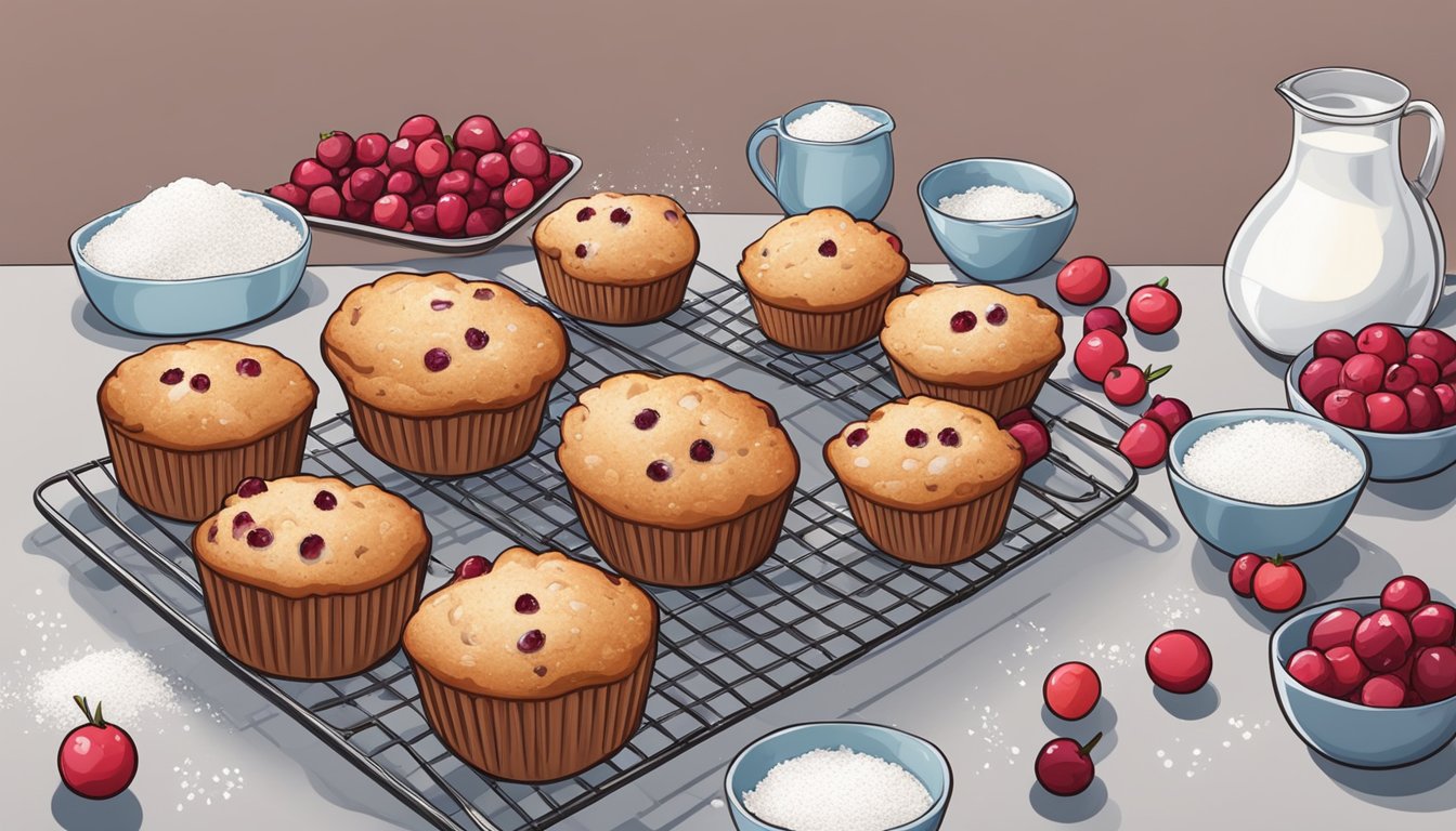 A kitchen counter with a freshly baked batch of cranberry muffins cooling on a wire rack, surrounded by scattered flour, sugar, and a mixing bowl