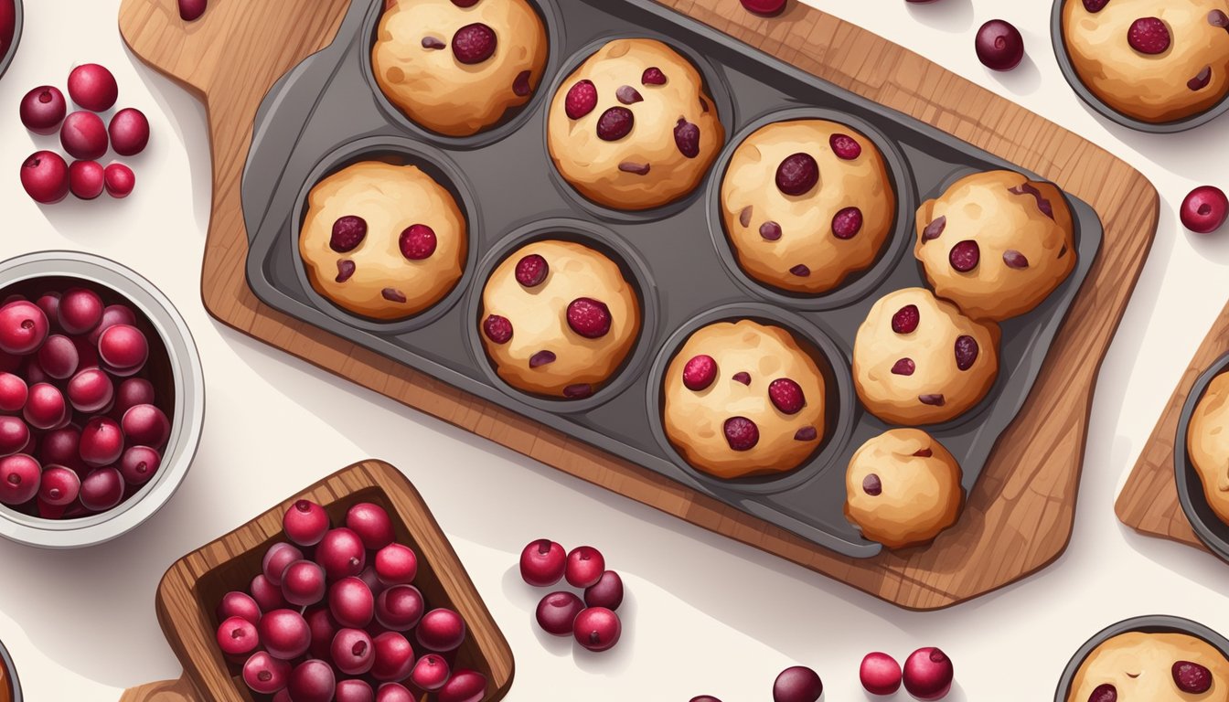 A cozy kitchen scene with a baking tray filled with freshly baked cranberry muffins, surrounded by scattered cranberries and a rustic wooden cutting board