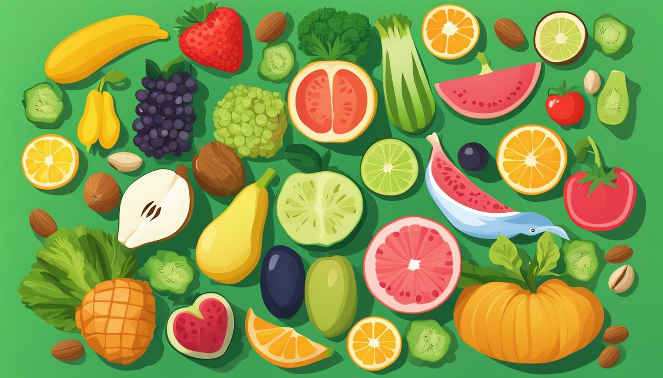 A colorful array of fruits, vegetables, nuts, seeds, and fish arranged on a table, with a vibrant green background symbolizing an anti-inflammatory diet