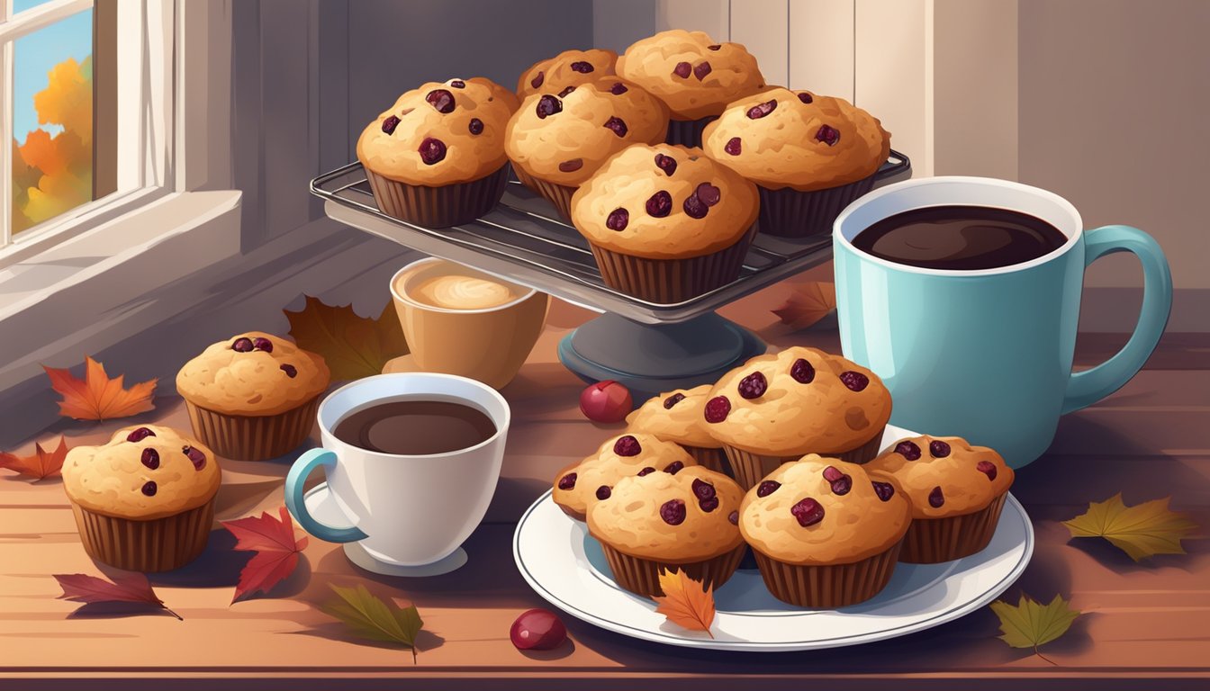 A cozy kitchen table set with a platter of freshly baked cranberry muffins, surrounded by autumn leaves and a warm mug of coffee