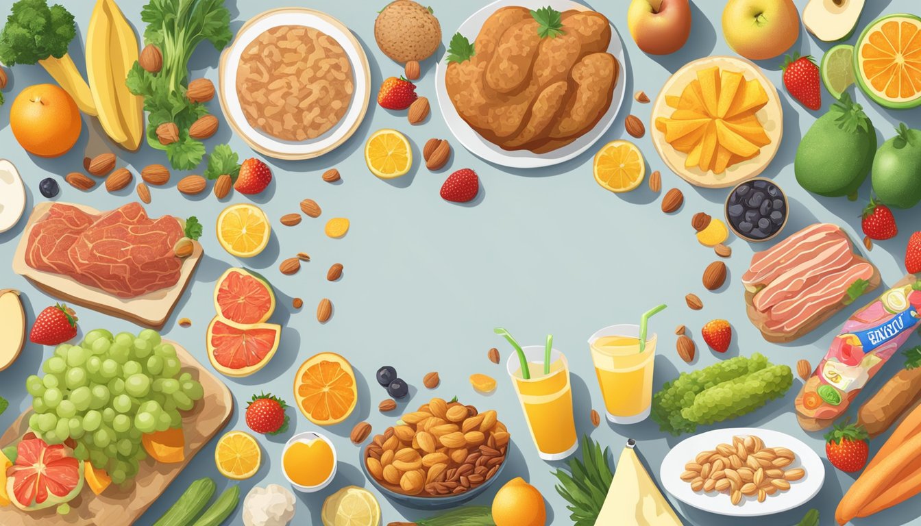 A table with crossed out symbols over foods like processed meats, sugary drinks, and fried foods, surrounded by vibrant fruits, vegetables, and nuts