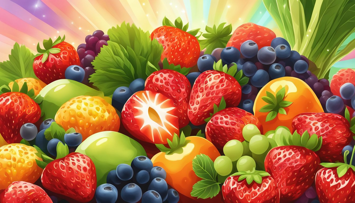 A vibrant pile of ripe strawberries surrounded by colorful fruits and vegetables, with rays of light shining down on them