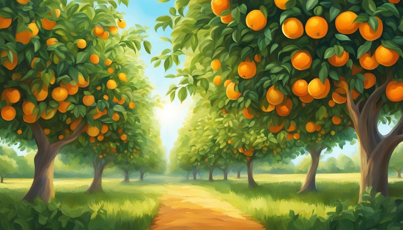 A vibrant orange orchard bathed in sunlight, with ripe fruit hanging from the trees, surrounded by lush green foliage