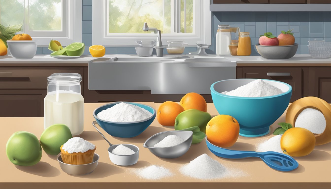 A kitchen counter with a mixing bowl filled with flour, sugar, and fruit, surrounded by measuring cups, a whisk, and a muffin tin