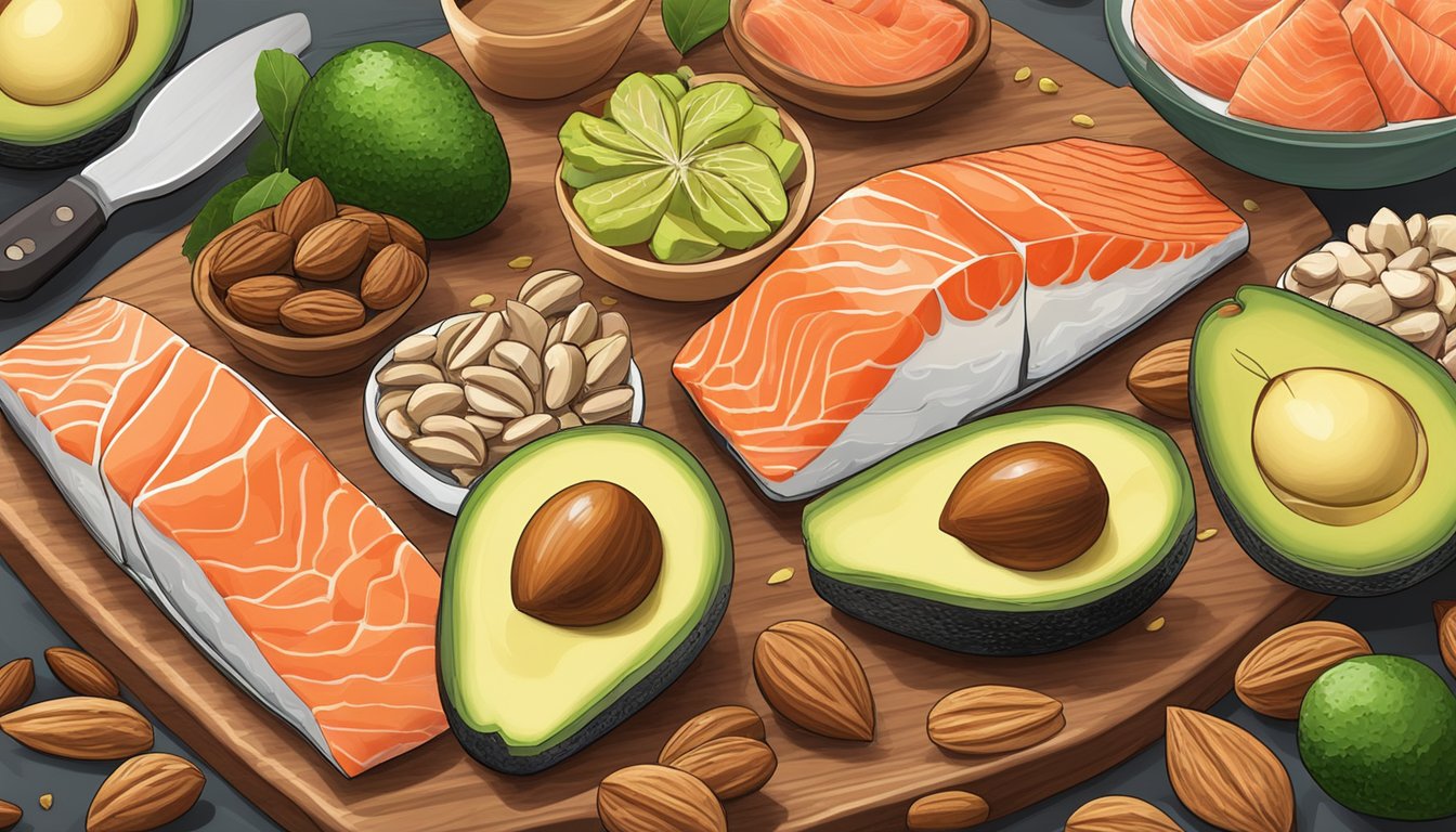 A colorful array of salmon, avocados, and nuts on a wooden cutting board