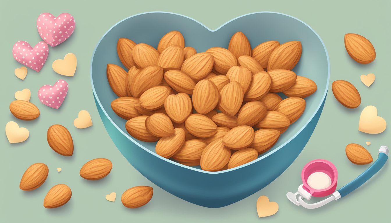 A bowl of almonds surrounded by heart-shaped icons and a measuring tape, symbolizing heart health and triglyceride reduction