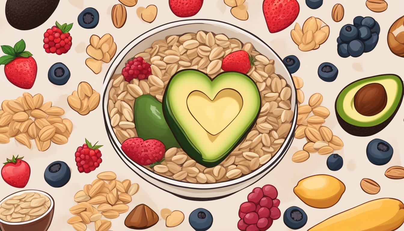 A bowl of oats surrounded by heart-healthy foods like avocados, nuts, and berries, with a background of a beating heart