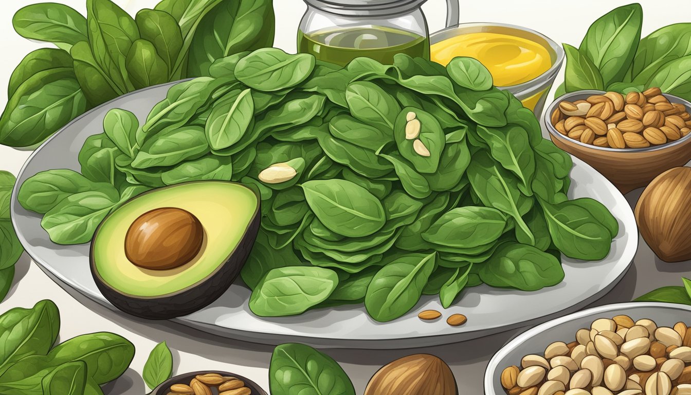 A vibrant pile of fresh spinach leaves surrounded by heart-healthy foods like avocados, nuts, and olive oil