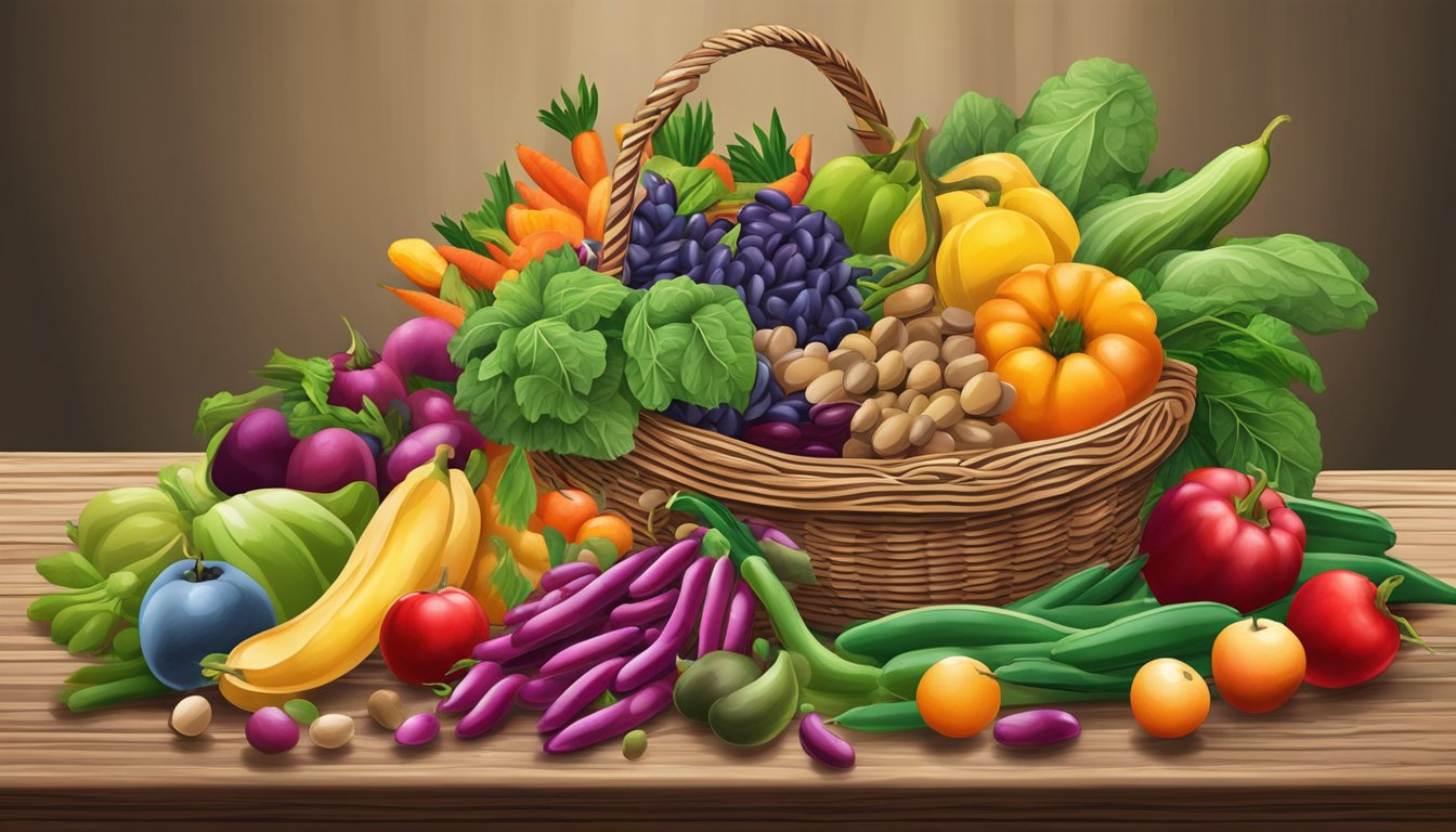 A colorful assortment of beans spills out of a woven basket onto a rustic wooden table, surrounded by vibrant fruits and vegetables