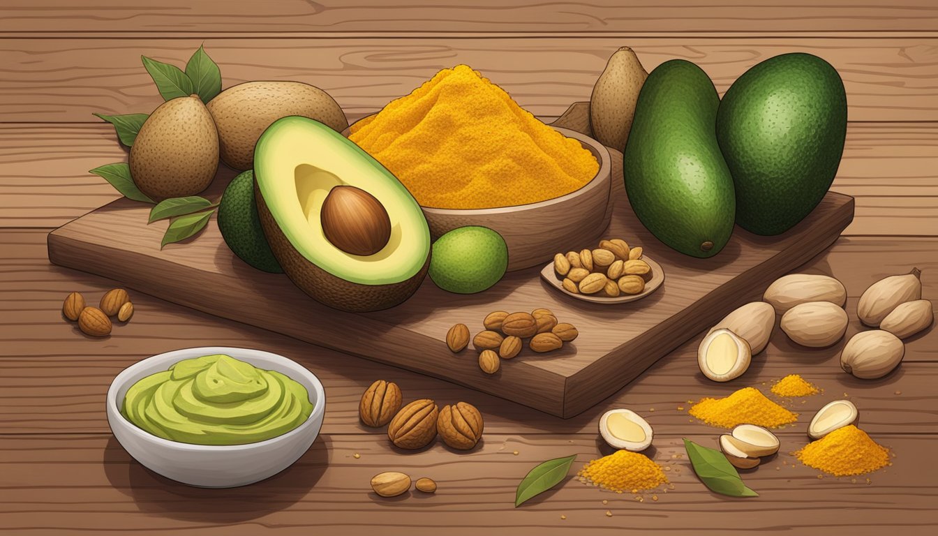 A vibrant assortment of turmeric, avocados, and walnuts arranged on a wooden cutting board