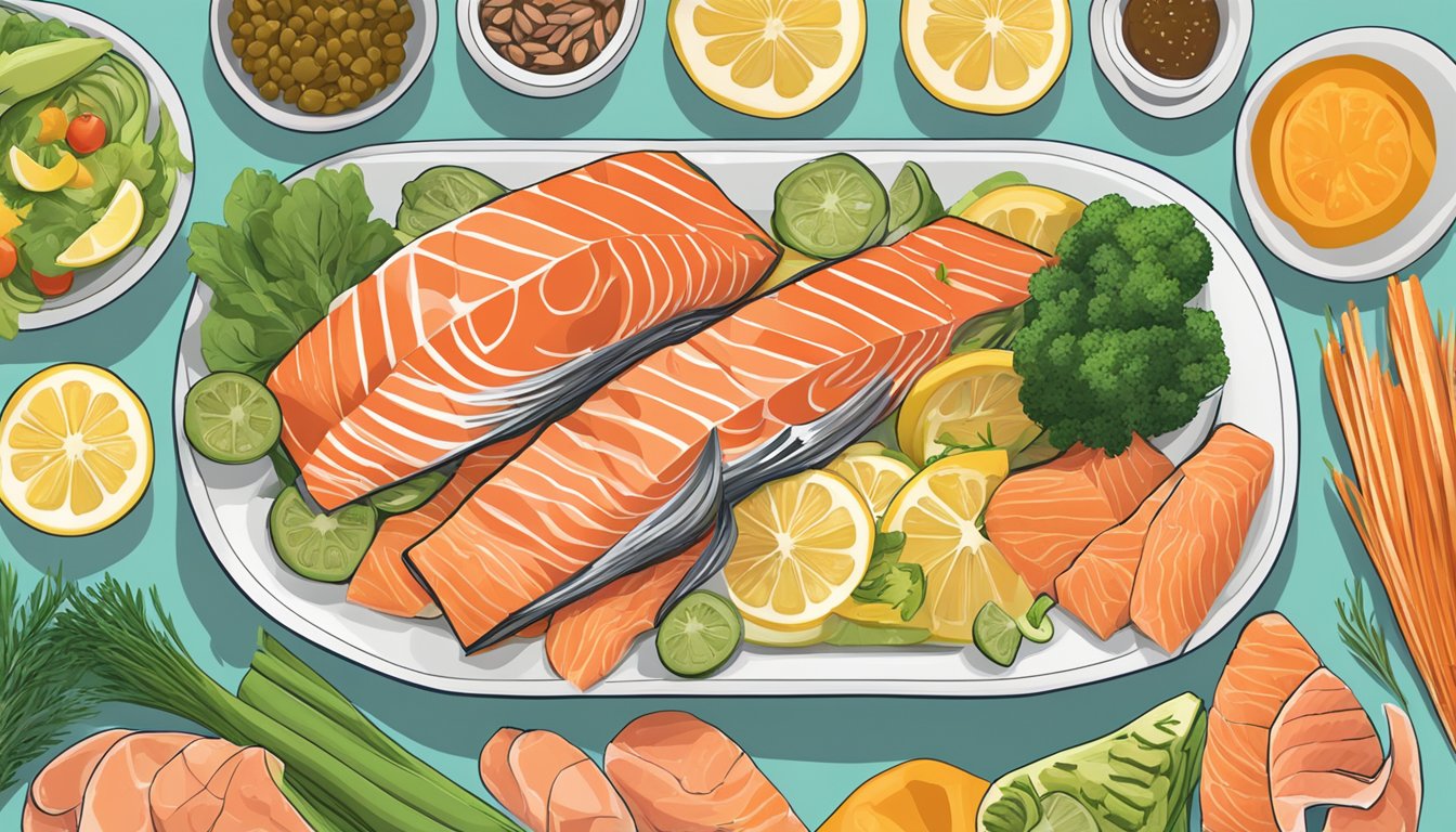 A plate of salmon fillet surrounded by various muscle-building foods