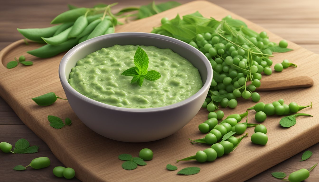 A bowl of sweet pea hemp dip with mint surrounded by fresh peas and hemp leaves on a wooden serving board