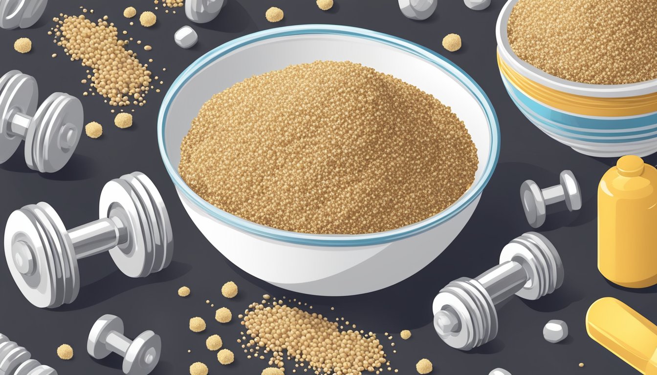 A bowl of quinoa surrounded by dumbbells and protein powder