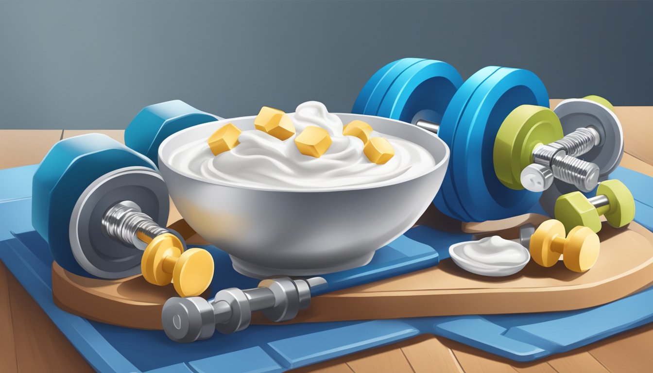 A bowl of Greek yogurt surrounded by dumbbells and a weightlifting bench