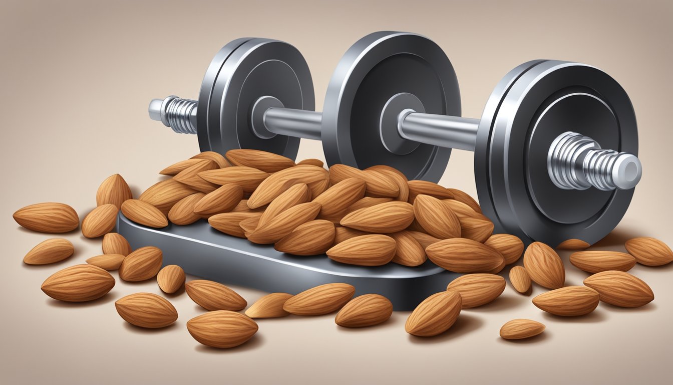 A pile of almonds surrounded by weights and exercise equipment