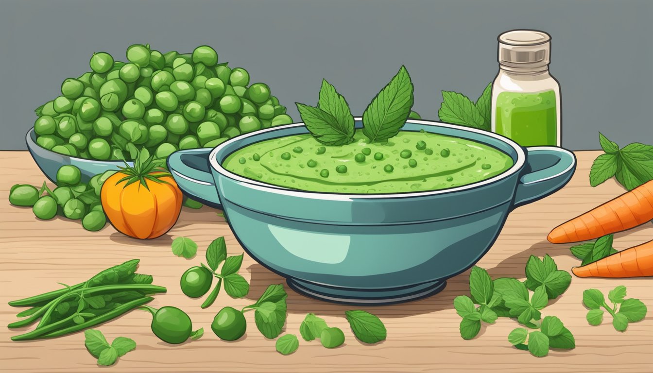 A bowl of sweet pea hemp dip with mint surrounded by fresh peas and mint leaves, with a small dish of sliced vegetables next to it