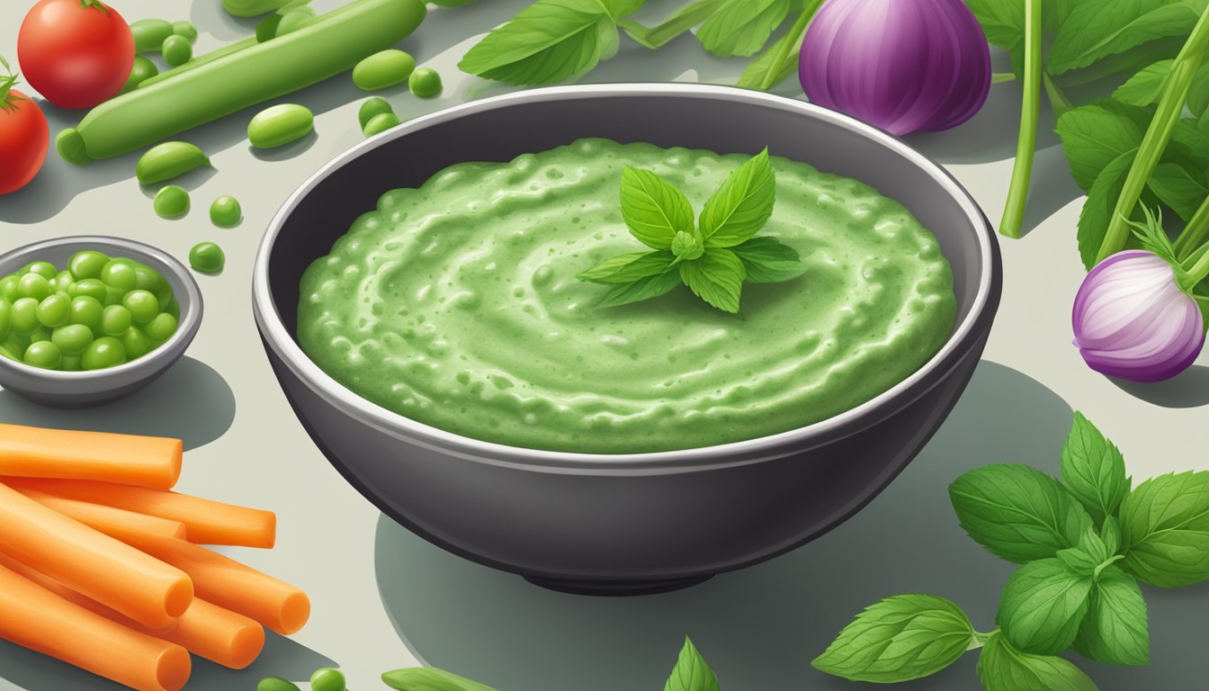 A bowl of sweet pea hemp dip with mint surrounded by fresh pea pods and sprigs of mint, with a plate of colorful vegetable sticks for dipping