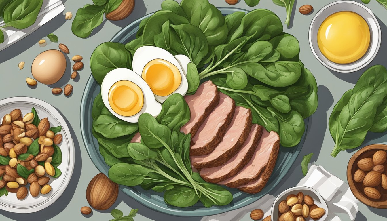 A table spread with spinach, eggs, nuts, and lean meat