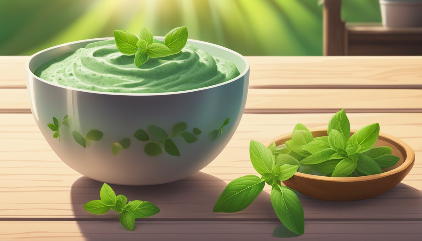 A bowl of sweet pea hemp dip sits on a wooden table, surrounded by fresh mint leaves. The sunlight streams in, casting a warm glow on the healthy snack option