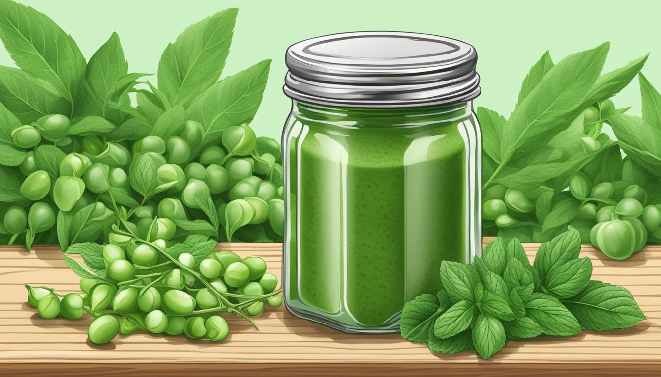 A glass jar of sweet pea hemp dip with mint sits on a wooden shelf surrounded by fresh peas and sprigs of mint