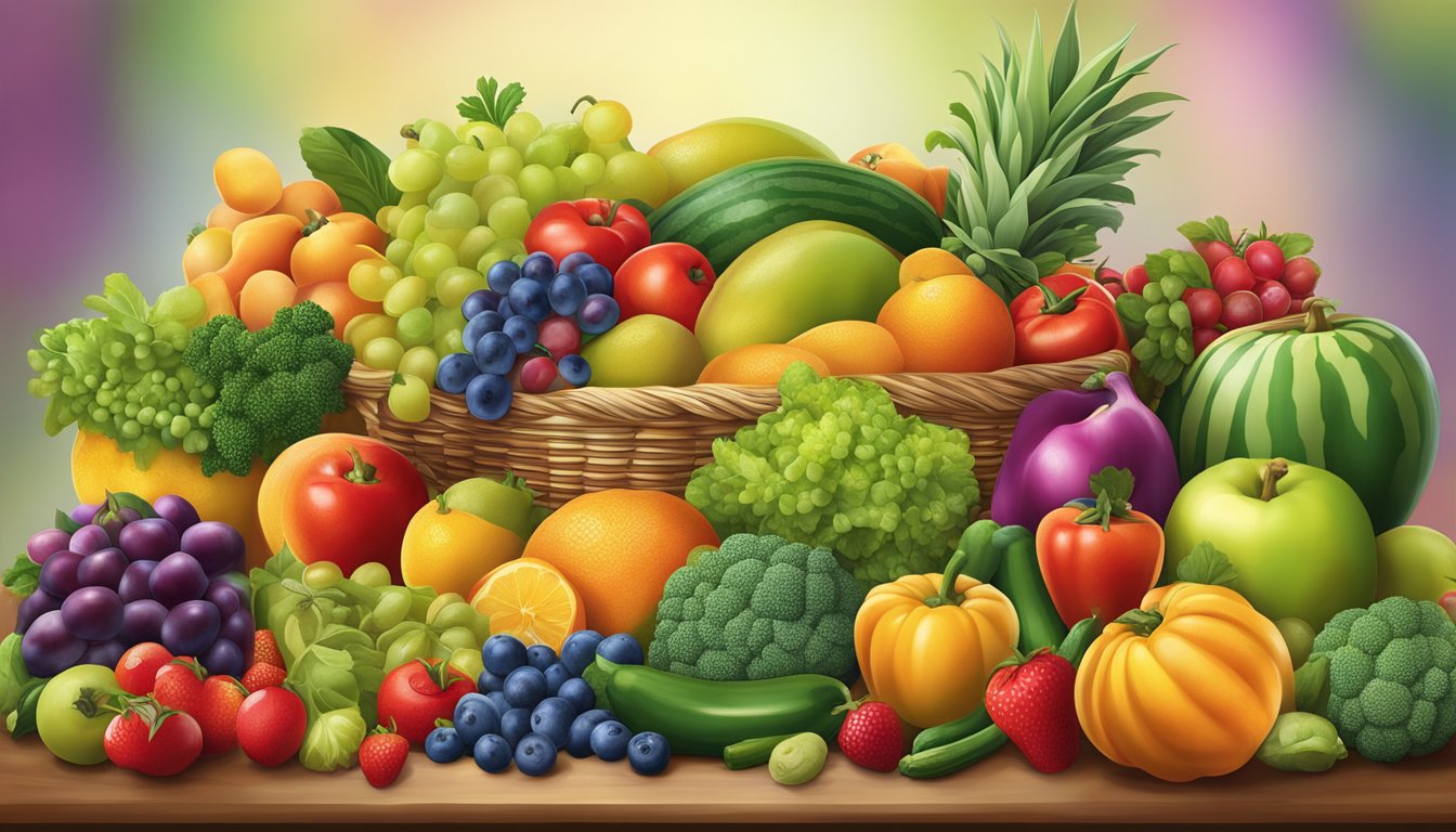 A vibrant array of fruits and vegetables arranged in a colorful and appealing display