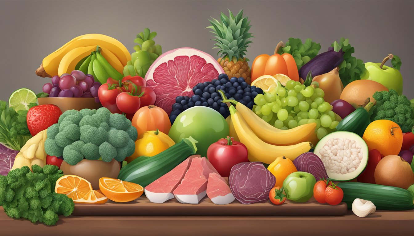 A spread of colorful fruits, vegetables, and lean meats arranged on a table, symbolizing the importance of micronutrients in building muscle