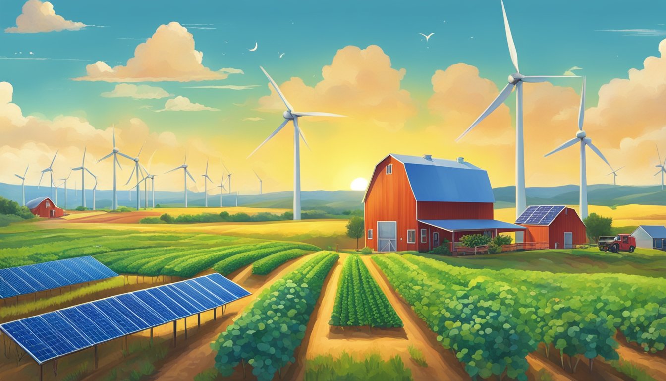 A vibrant Texas farm scene with wind turbines, solar panels, and lush fields of produce under a blue sky