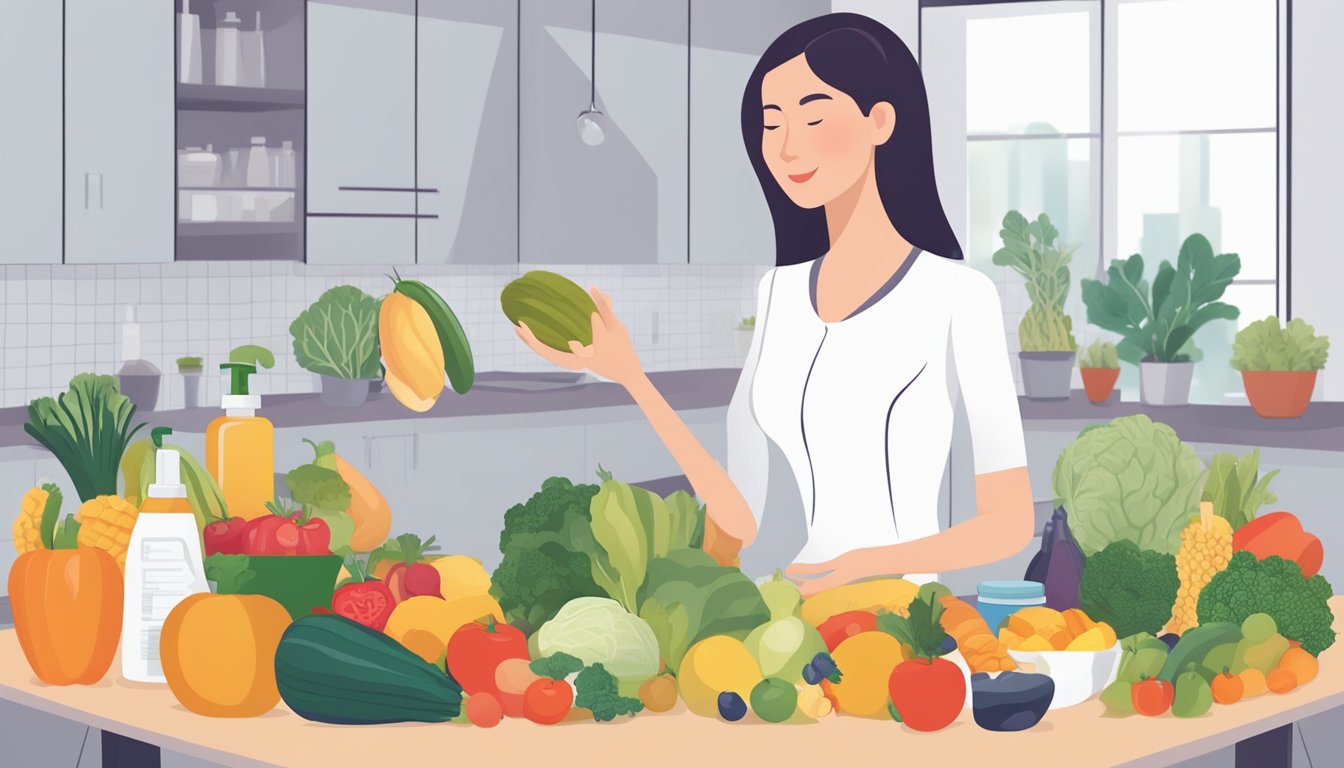 A woman arranging a variety of fruits, vegetables, and hair care products on a table, with a diagram showing the connection between diet and hair health in the background