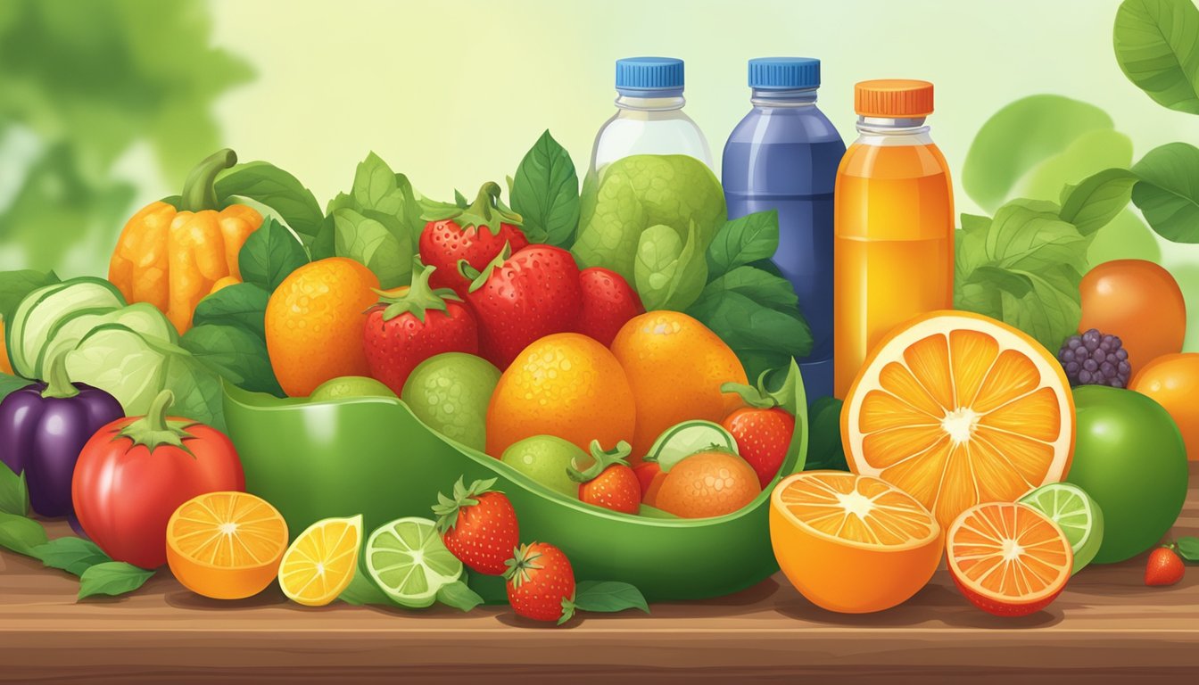 A variety of colorful fruits and vegetables, such as oranges, bell peppers, and strawberries, arranged on a table with a bottle of vitamin C supplements