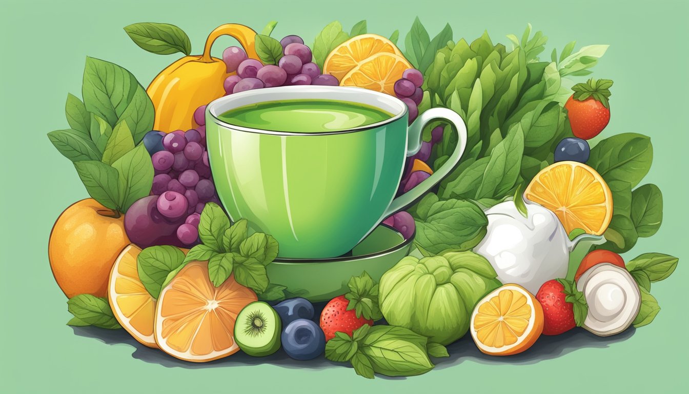 A steaming cup of green tea surrounded by colorful fruits and vegetables associated with urinary health