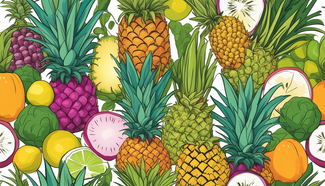 A vibrant pineapple surrounded by other colorful fruits and vegetables, symbolizing their role in supporting urinary health