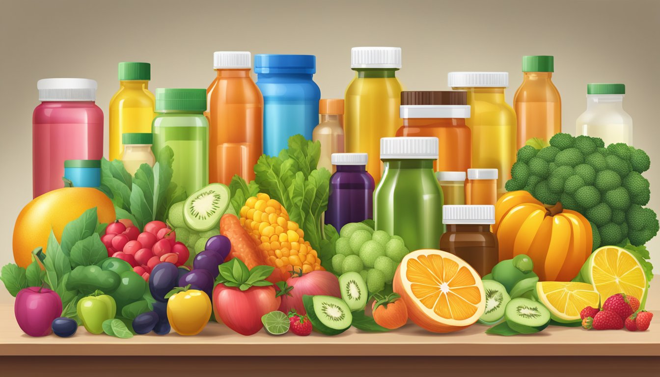 A table filled with bottles of supplements and antifungals, surrounded by colorful fruits and vegetables