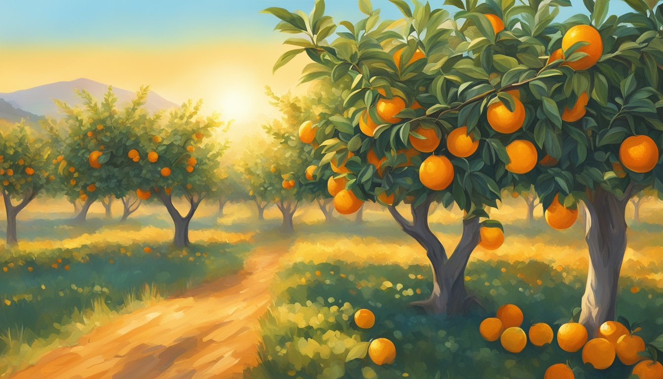 A vibrant orange orchard bathed in golden sunlight, with ripe oranges hanging from the branches and a clear blue sky in the background