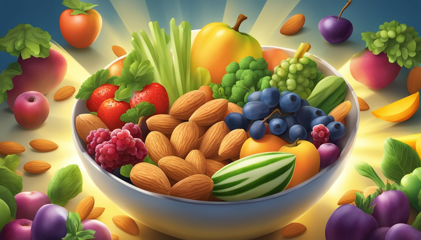 A bowl of almonds surrounded by vibrant fruits and vegetables, with rays of light shining down on them, symbolizing the nourishing effects on vision