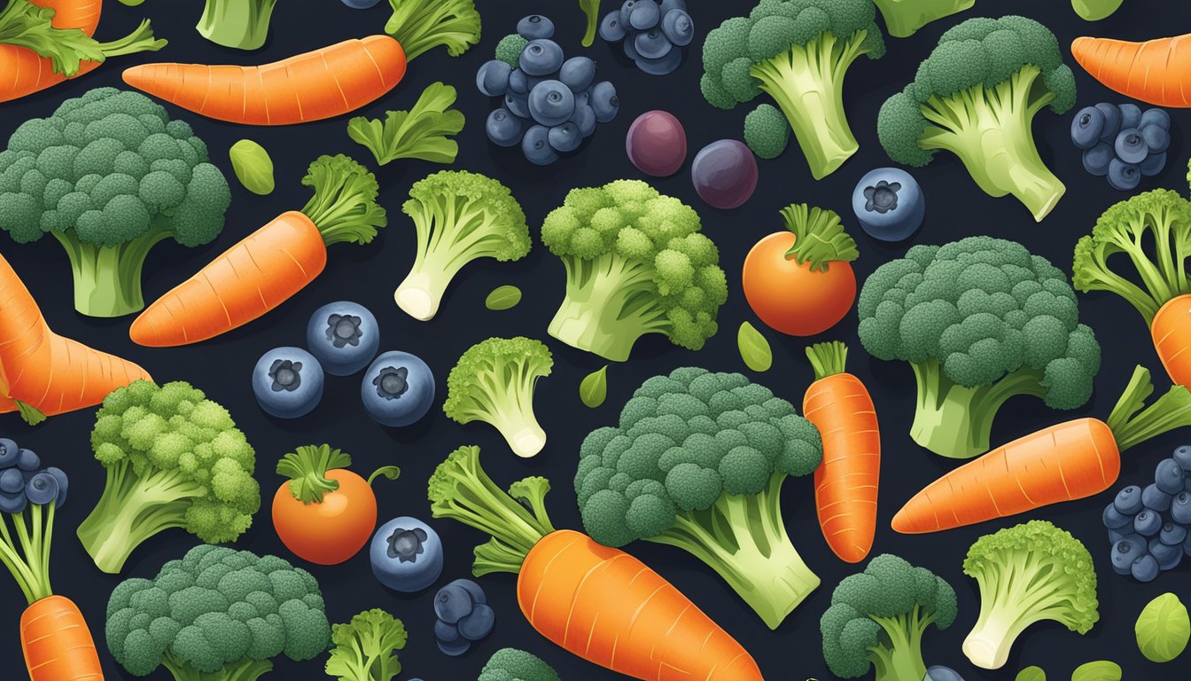 A colorful array of broccoli, carrots, and blueberries arranged on a table, with beams of light shining down on them