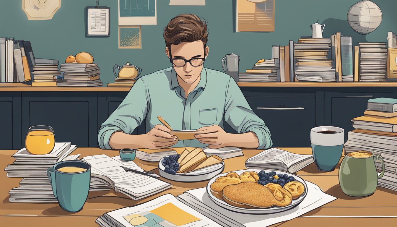 A person sitting at a table with a plate of breakfast foods, surrounded by books and papers, focused and alert